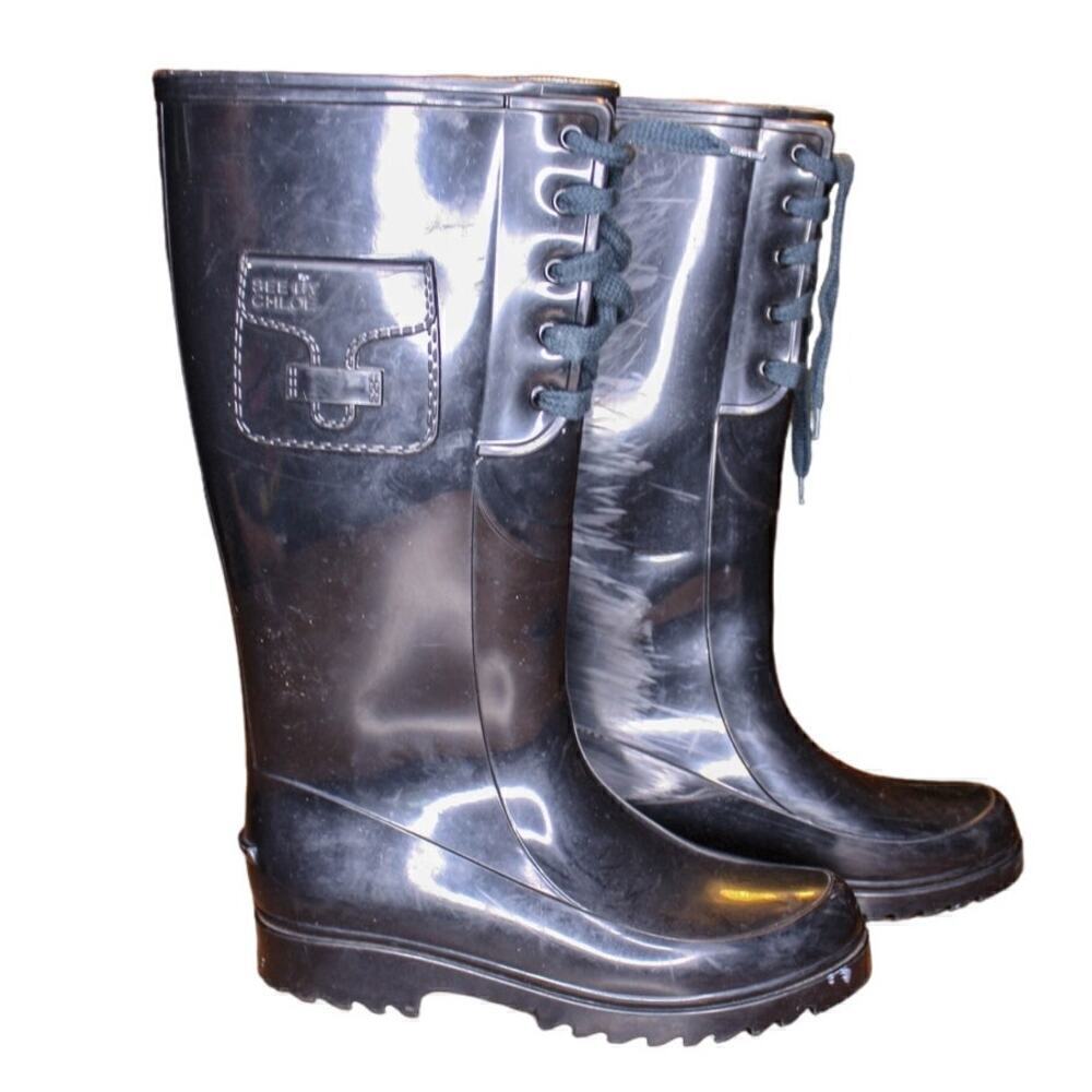 See By Chloe Rainboots Black Laced Molded Size 38 7.5